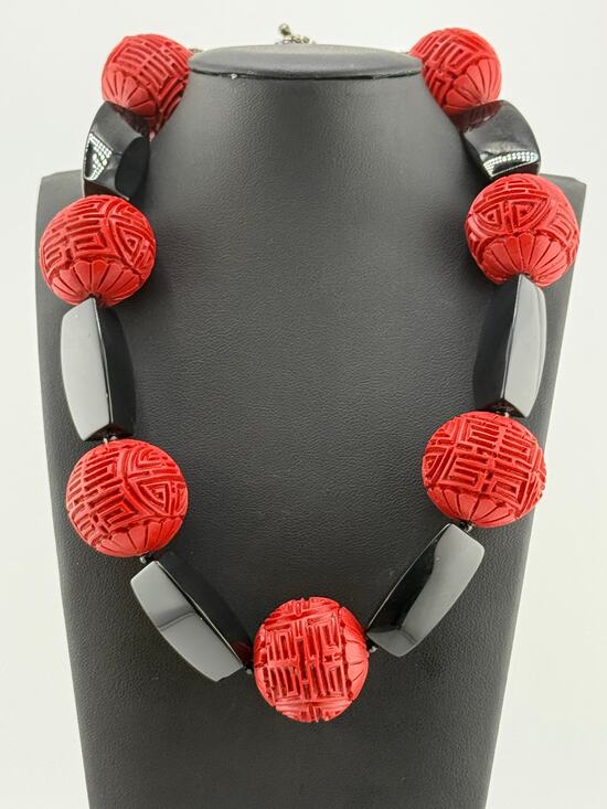Unknown Jewelry - Vintage RARE 925 SS Carved Cinnabar Onyx Chunky Necklace